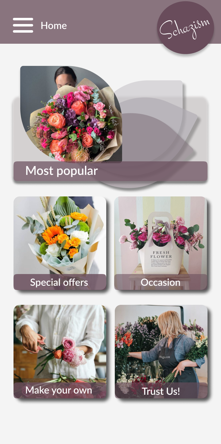 Schazism flower ordering app home screen with popular bouquets and category cards