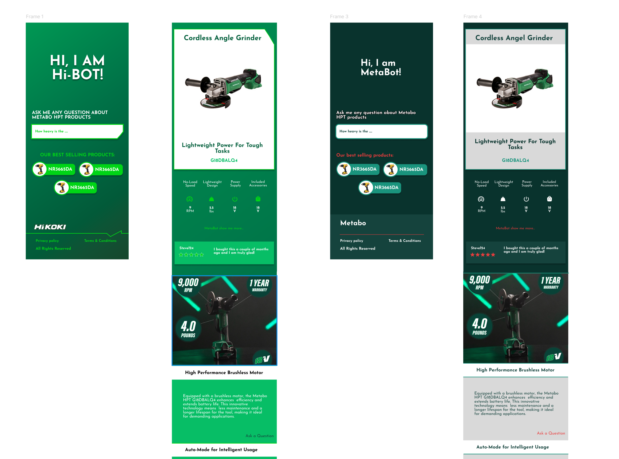 HiKOKI and Metabo HPT product page assistant concept screens (HiBOT and MetaBot) across light and dark brand themes