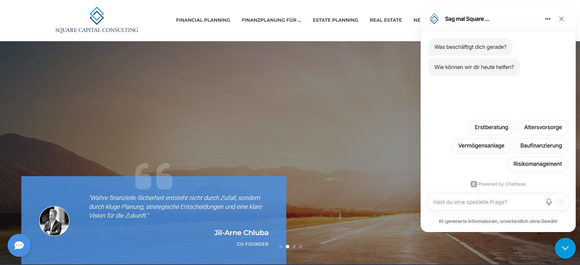 After: redesigned Square Capital hero with a calmer image, cleaner founder quote card and integrated chat