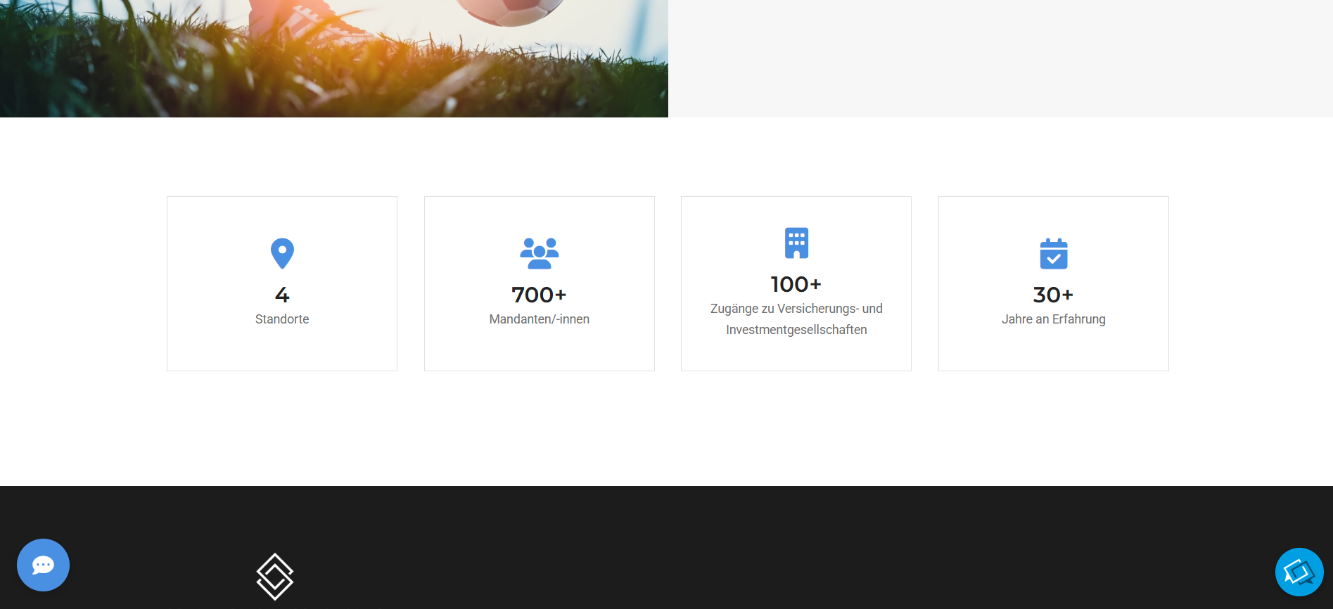 After: redesigned stats in clean cards with icons and a calmer dark footer