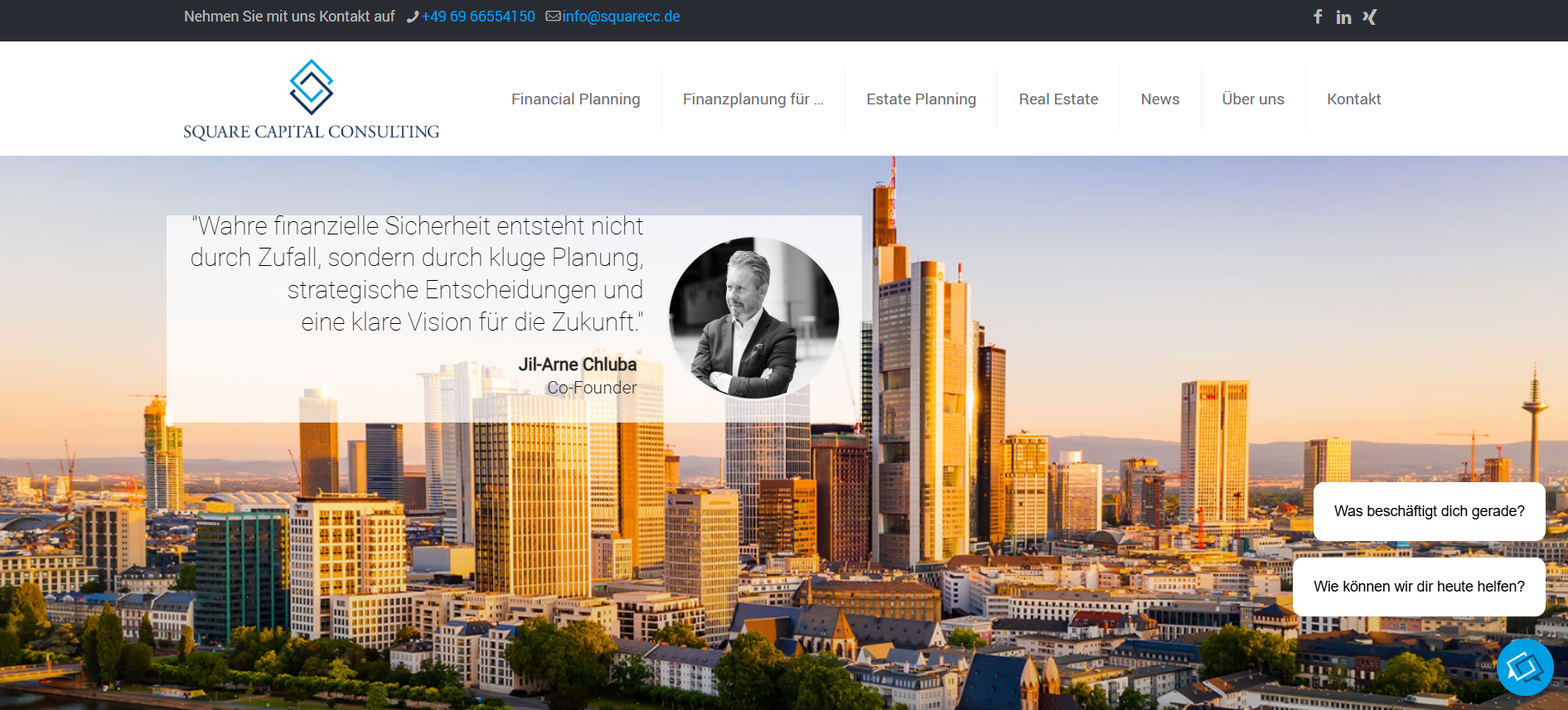 Before: original Square Capital hero with cityscape background and overlay founder quote