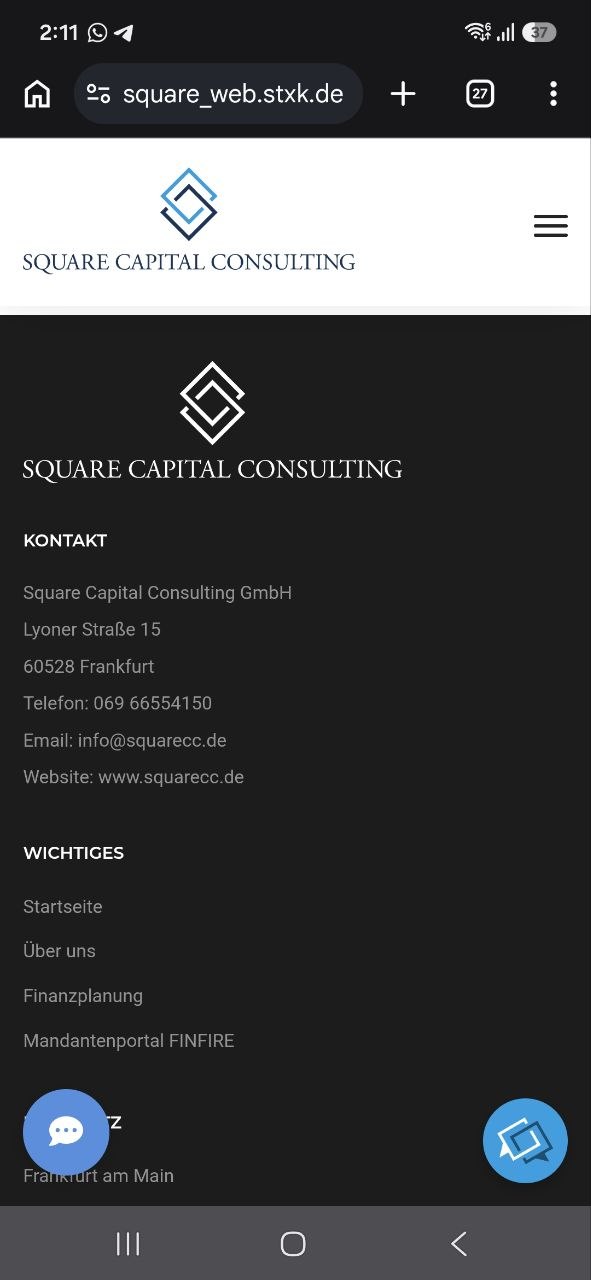After: redesigned mobile footer with the brand logo prominent and clearer column structure