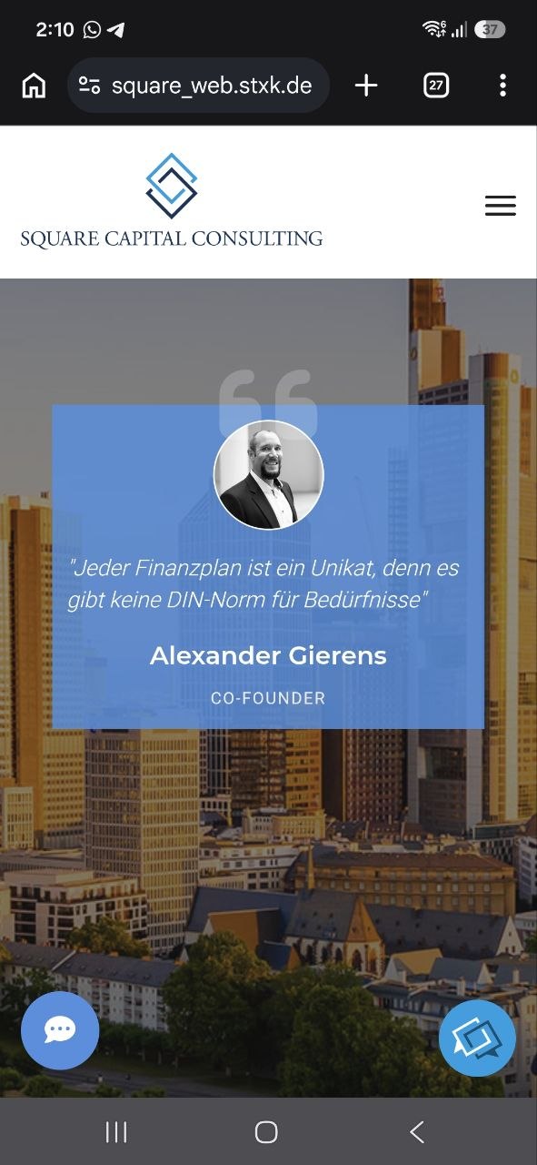 After: redesigned mobile hero with a prominent blue founder quote card and clearer typography