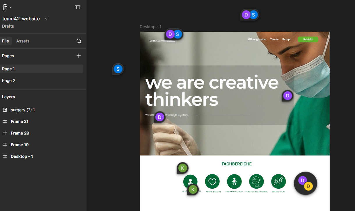 Figma client review for ÄrzteTeam 42 with comments on the first website layout