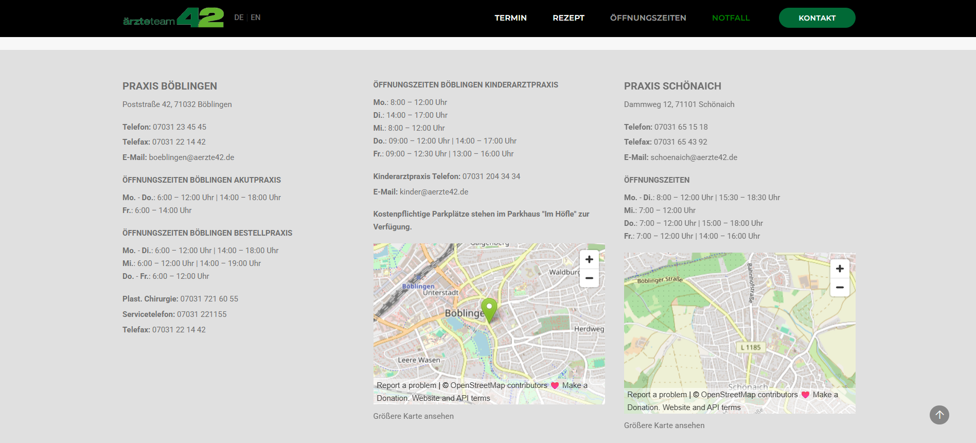 Redesigned locations page with structured opening hours, contact details and embedded maps per practice