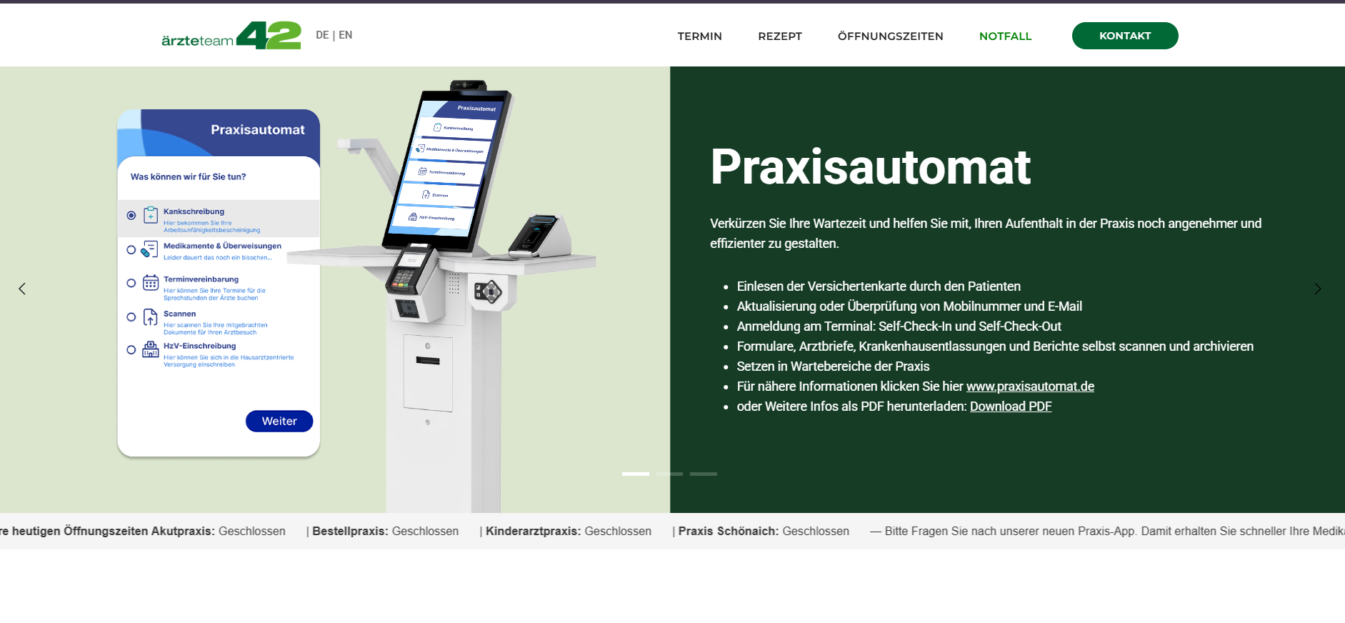 Redesigned ÄrzteTeam 42 hero introducing the Praxisautomat self service with clear hierarchy and a calm green palette