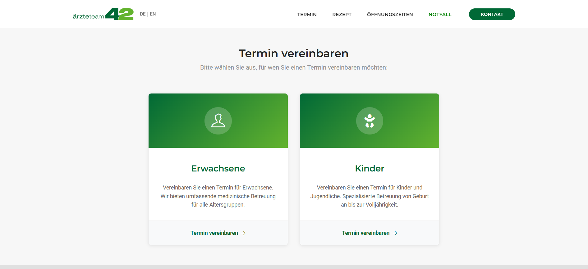 Redesigned appointment booking page with two clear cards: Erwachsene and Kinder