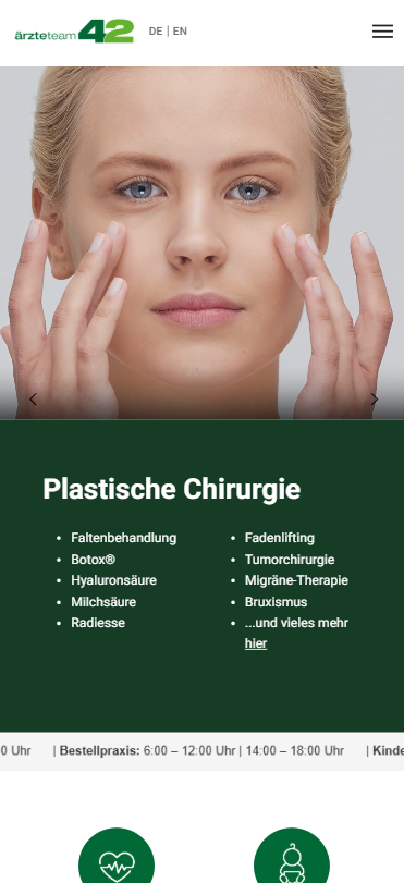 Redesigned mobile plastic surgery overview with a hero image and a clear two column service list