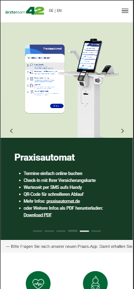 Redesigned mobile Praxisautomat hero with bullet points explaining the self service kiosk